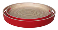 Round tray with red and natural bamboo color, tableware bamboo tray